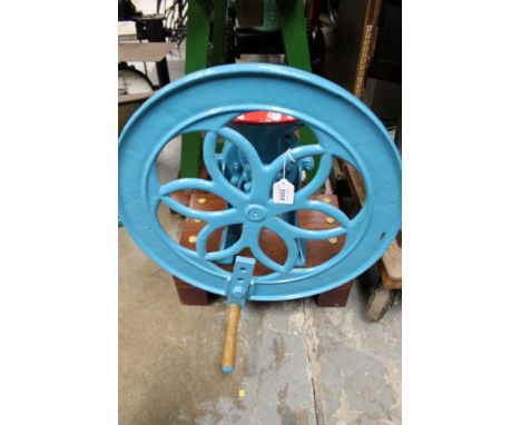 Richmond & Chandler table mill - finely restored in blue and red livery, mounted on wooden base If you are looking to purchas