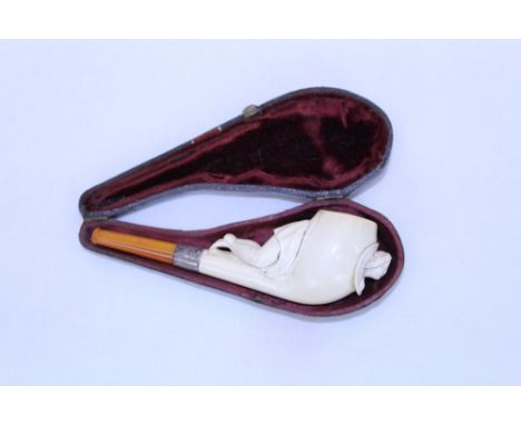 Unusual novelty carved meerschaum pipe modelled as a young lady emerging through a porthole, with white metal collar and ambe