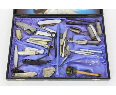 Smoking paraphernalia - including 18th century iron tobacco cutter, silver and other pipe tools, cigar cutters, patent pipe f