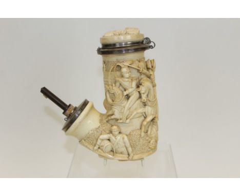 Fine and large early-mid 19th century lap-style carved meerschaum and silver mounted pipe, bas-relief carved in celebration o