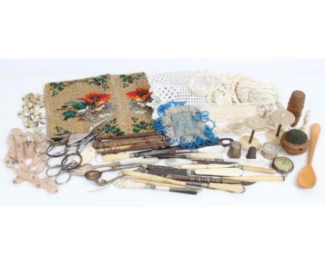 Vintage sewing accessories - scissors, bobbins, thread winders, etc, some beadwork and miscellaneous items