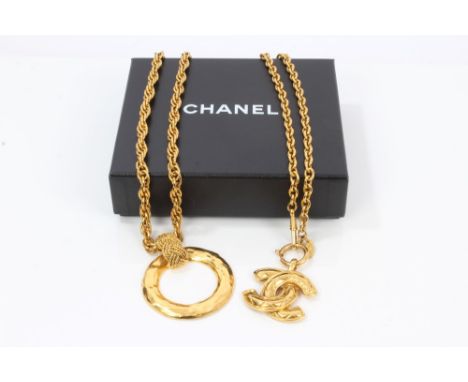 Two vintage Chanel gilt metal chain necklaces - to include the CC logo quilted pendant necklace, numbered - 3856 to reverse, 