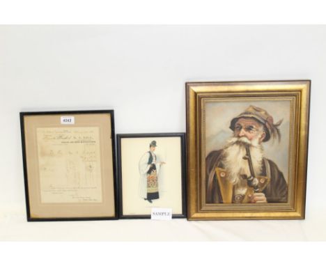 1860 dated tobacconists receipt for the purchase of fine shag, framed, together with other framed smoking ephemera, oil on ca