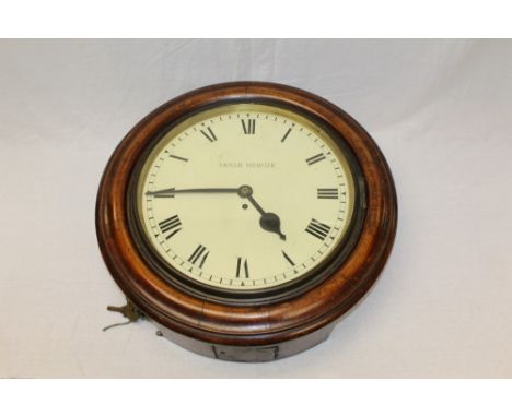 Large late 19th / early 20th century wall clock with eight day fusee movement and 16 inch enamel dial with Roman numerals, si