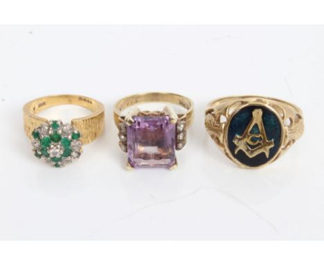 Gold (18ct) emerald and diamond cluster ring, amethyst and diamond dress ring and a gold (9ct) Masonic ring (3) CONDITION REP