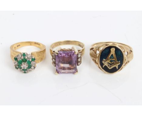 Gold (18ct) emerald and diamond cluster ring, amethyst and diamond dress ring and a gold (9ct) Masonic ring (3) CONDITION REP