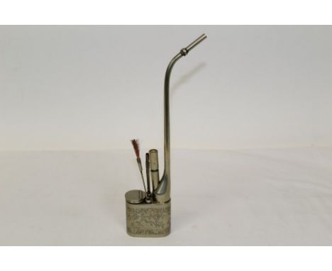 Chinese white metal opium pipe with long mouthpiece and engraved decoration and accessories - including brush and tweezers, 2
