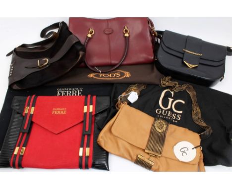 Group of designer bags - to include Gianfranco Ferré red leather, black patent clutch bag with dust bag, Tods dark red leathe