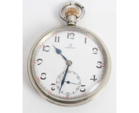 Omega pocket watch with white enamel dial and subsidiary seconds, in plated case with engraved monogram and winged wheel logo