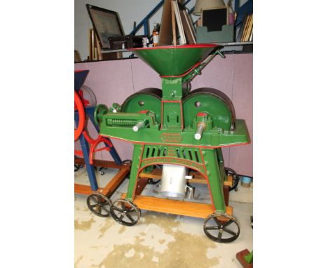 R. Hunt & Co. Improved corn crushing mill Mk UMH - finely restored in green and red livery mounted on a hardwood four-wheeled