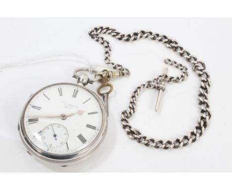 Victorian gentlemen's silver open faced pocket watch with white enamel Roman numeral dial with subsidiary seconds and brass h