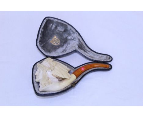 Well-carved late 19th / early 20th century meerschaum pipe, modelled as the head of a Native American Chieftain, with eagle f