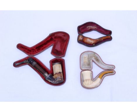 Mid-19th century meerschaum pipe with octagonal bowl and white metal mounts, wooden stem, 17cm long, together with a Kalmasch