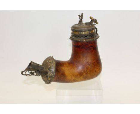 Exceptionally large mid-19th century white metal and gilt metal mounted lap-style meerschaum pipe bowl, the plain L-shaped bo