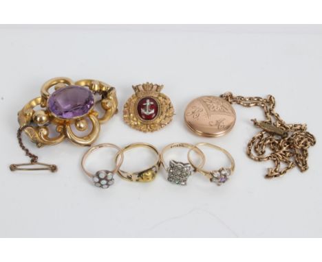 Gold (9ct) and enamel sweetheart brooch, Victorian brooch set with purple stone, locket on chain and four gold dress rings   