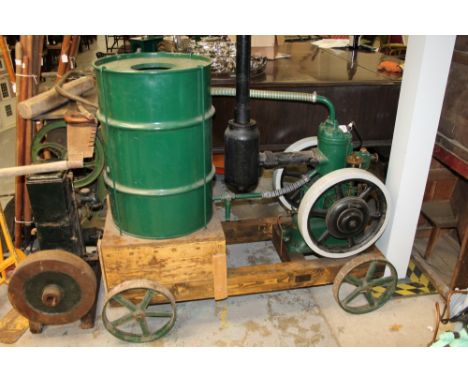 Petter M. Type 3HP patent tank cooled oil engine no. 59238 - older restoration, in running order on four-wheeled barrowIf you
