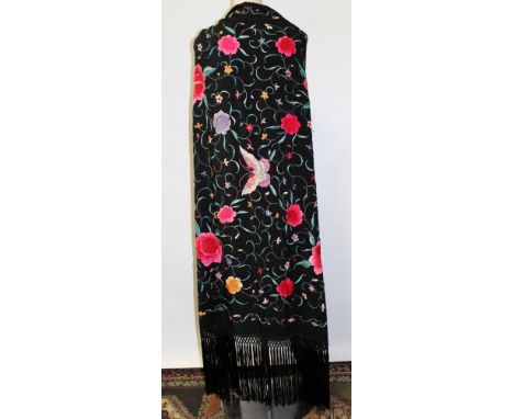 Vintage Chinese black silk shawl with colourful silk embroidered flowers and black knotted fringing, 100cm square approximate