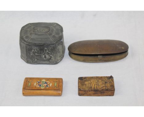18th century lead tobacco box and cover decorated with an alehouse scene of drinking and smoking, 12cm wide, together with a 