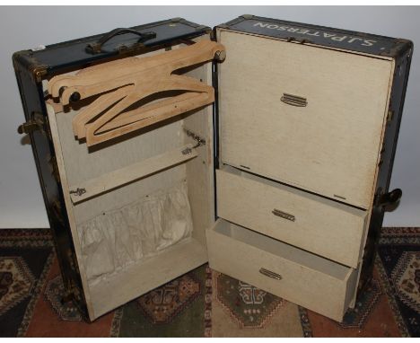 Vintage luggage - blue cabin wardrobe trunk with metal fastenings, studs, hinges and corners - including coat hanger, 36cm hi