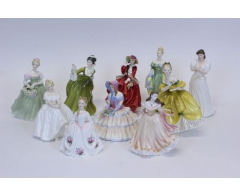 Nine Royal Doulton figures - Daydreams HN1731, Lorna HN2311, Simone HN2378, Top O' The Hill HN1937, Maria HN3381, The Last Wa