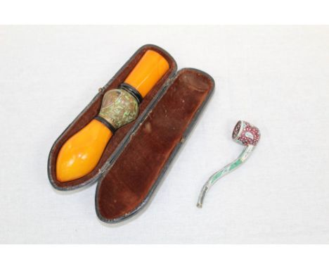 19th / early 20th century Islamic amber and enamelled Hookah pipe section, 17cm long, cased, together with Persian enamelled 