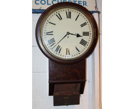 19th century wall clock with eight day fusee movement and 16 inch circular enamel dial with Roman numerals, in a mahogany cas