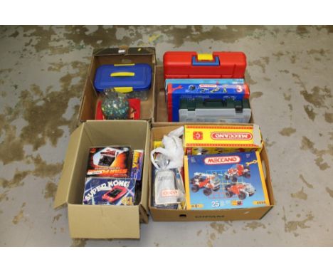 Two boxes of Meccano, together with collection of vintage and modern marbles, board and other games, group of electronic game
