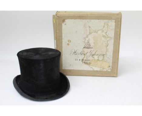 Gentlemen's vintage black top hat by Lock & Co., large size, in Herbert Johnson hat box, plus grey 1970s top hat in Lock & Co