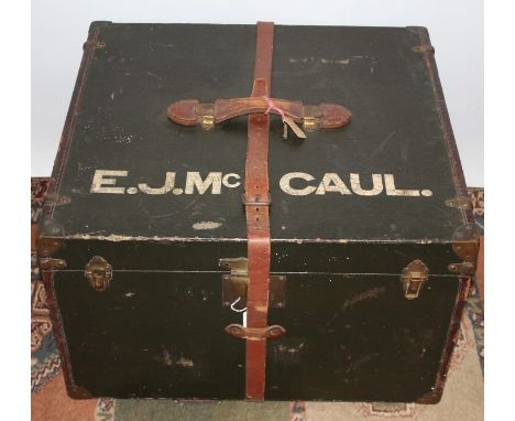 Vintage luggage - green canvas cabin trunk with leather handles, straps, edges, metal reinforced corners, by John Pound & Co.
