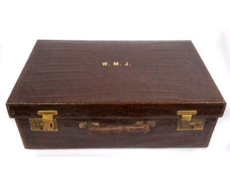 Vintage luggage - crocodile skin suitcase - lined and internal compartment, outer canvas cover, 19cm high x 56cm wide x 46cm 