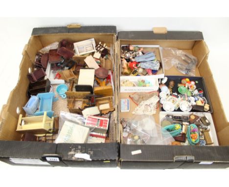 Dolls' House doll, furniture and accessories in two boxes - dolls include bisque dolls, clothes-peg dolls, wooden and metal f