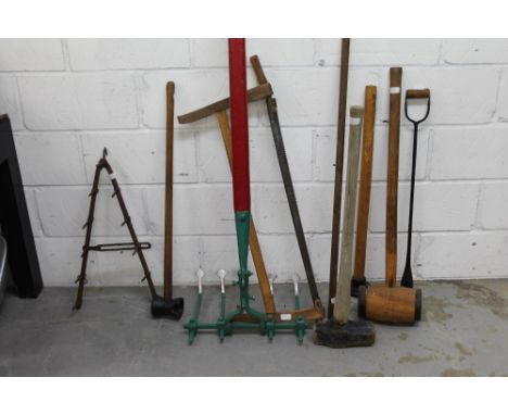 Large red painted multi-pronged plough, together with group of vintage and antique hand tools
