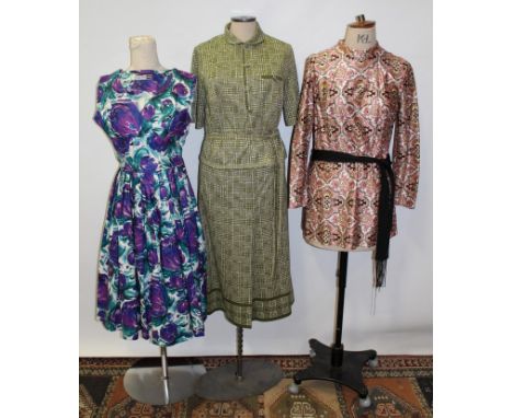 Selection of ladies' vintage dresses and tops - including cotton floral dress, by Peggy Page, London, Italian suit by Selfrid