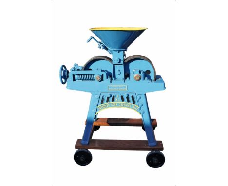 R. Hunt & Co. Improved corn crushing mill BMX - finely restored and finished in blue and yellow livery, mounted on a hardwood