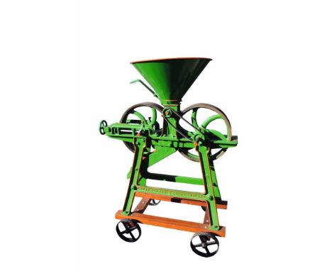 R. Hunt & Co. roller / crusher mill - finely restored in green and red livery, mounted on a hardwood four-wheeled barrow If y