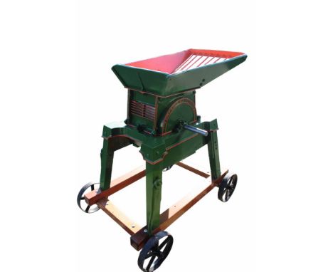 R. Hunt & Co. turnip cutter - finely restored in green and red livery, mounted on a hardwood four-wheeled barrow If you are l