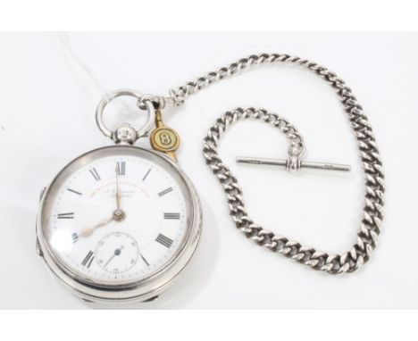 Edwardian gentlemen's silver open faced pocket watch with white enamel Roman numeral dial with subsidiary seconds and silvere