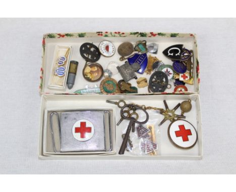 Lot vintage enamel lapel badges, watch keys and sundries