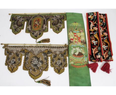 Two Victorian beadwork and tapestry fire screen panels / banners on brass rods, plus pair of cross-stitch embroidered bell-pu