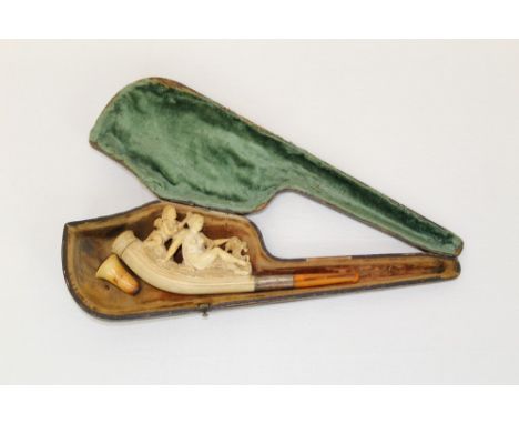 Finely carved 19th century 19th century cheroot holder carved as Venus and attendant cherub, white enamel collar and amber mo