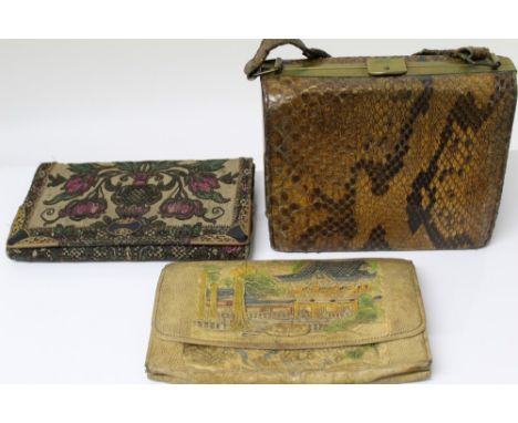 Three vintage handbags - square python skin handbag by Melody, brocade clutch bag with gilt and black details, 1930s coloured