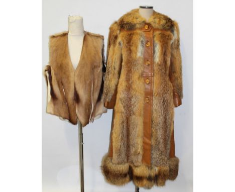 Vintage red fox fur and leather coat - longer-length, made in Denmark, plus a fur gilet (2) CONDITION REPORT Coat laying flat