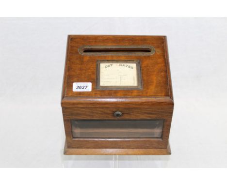 Victorian oak table letter box with front glass panel and scale of postal charges