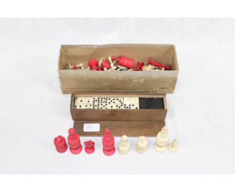 Selection of red stained and white bone chess pieces, together with a rosewood tea caddy containing a quantity of ebony and b