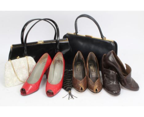 Vintage shoes - 1940s brown leather by Dolcis, brown snakeskin heels and peep-toe, red leather high heels and peep-toes, circ