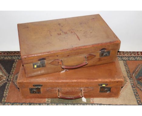 Vintage luggage - two early 20th century leather suitcases by David, Piccadilly, London - both with red and gilt interiors, G