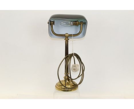 Early 20th century desk lamp with brass column and turned base and green / white glass shade, 47cm overall height
