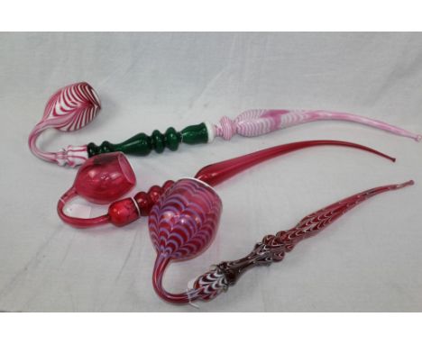 19th century Nailsea or Bristol glass pipe of prodigious size, with drawn pink cranberry and green glass stem, 100cm long, to