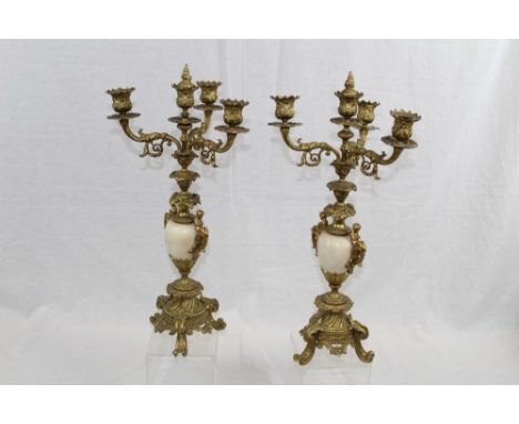 Pair of late 19th century French gilt metal and marble candelabra, each with four scrolled branches with acanthus leaf and sc