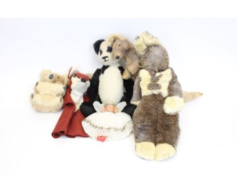 Real fur soft toys - rabbit, kangaroo and Joey, koala, also mohair panda, red fox felt hand puppet and Christmas tree angel (